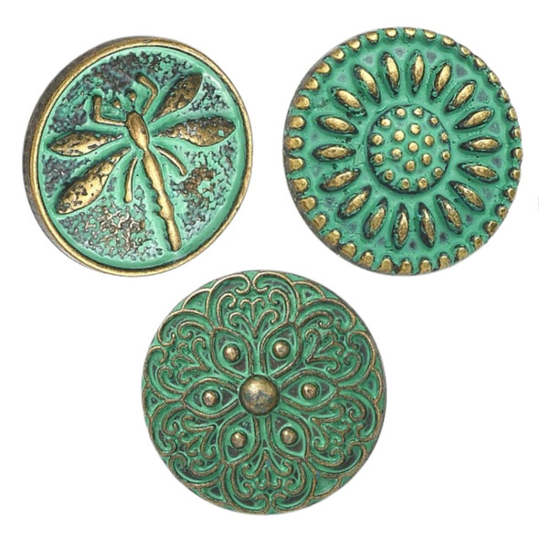 Shank Button, Flat Round, Assorted, 18x6.5~8mm, Patina Metal Alloy, 6 PCS