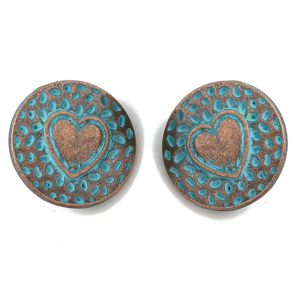 Shank Button, Flat Round, Heart, 18x6.5mm, Patina Metal Alloy, 6 PCS