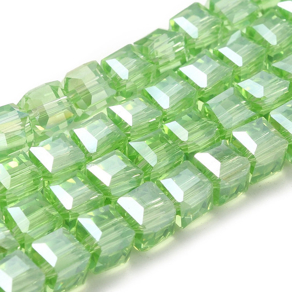 Faceted Cube, Glass, Green AB, 6mm, One 22in Strand