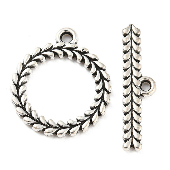 Toggle, Leaf Ring, 15x17mm, 20mm bar, Antique Silver Plated Metal Alloy, 25 Sets