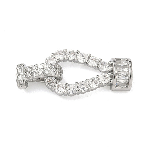 Fold Over Clasp, Teardrop, 22mm, Brass, Platinum Plated, Cubic Zirconia, 1 Set