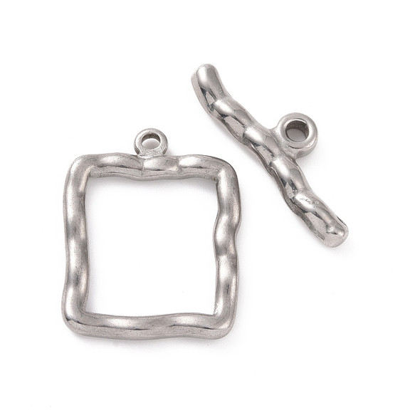Toggle Clasp, Wavy Square, 25x20x2.5mm, 27mm bar, Stainless Steel, 2 Sets