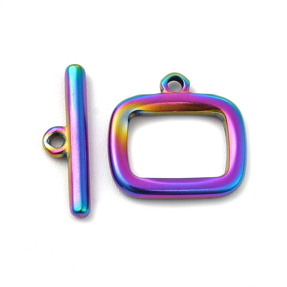 Toggle Clasp, Rectangle: 12x14x2mm, 16mm bar, Stainless Steel, Rainbow, 2 Sets