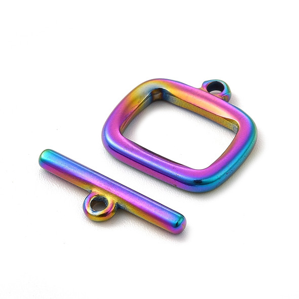 Toggle Clasp, Rectangle: 12x14x2mm, 16mm bar, Stainless Steel, Rainbow, 2 Sets
