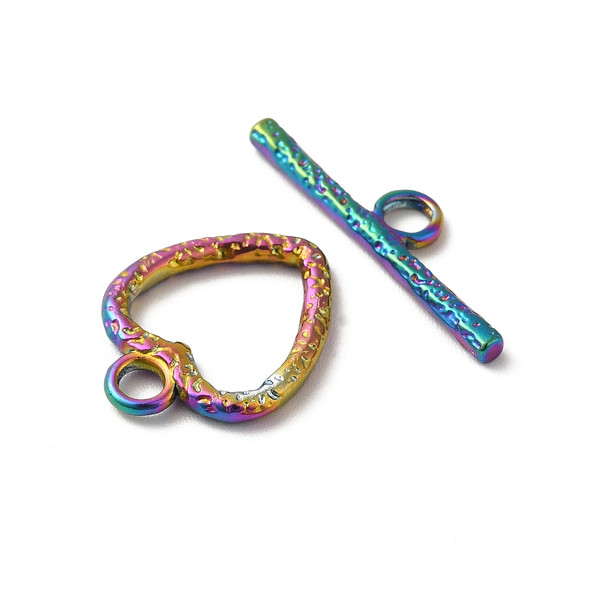 Toggle Clasp, Heart: 16x14x2mm, 22mm bar, Stainless Steel, Rainbow, 2 Sets