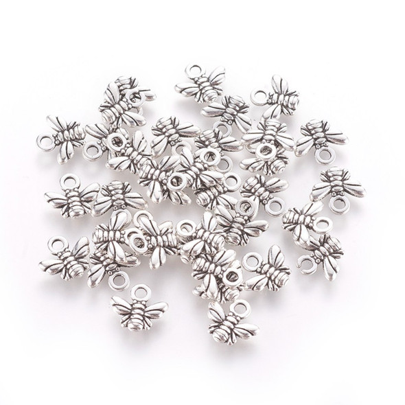 Bee Charm, Double Sided, 10x11x2mm, Antique Silver Plated Metal Alloy, 46 PCS