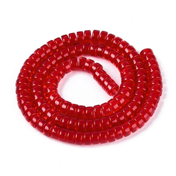 Glass Rondelle, Transparent Red, One 4x8mm Strand, 14-15 inches