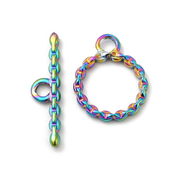 Toggle Clasp, Ring: 17x14x2mm, 22mm bar, Stainless Steel, Rainbow, 2 Sets