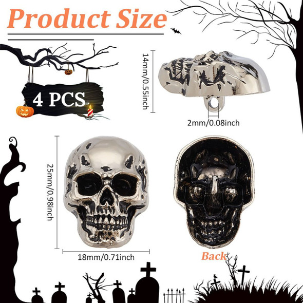 Shank Button, Skull, 25x18x14mm, Antique Silver Plated Metal Alloy, 4 PCS