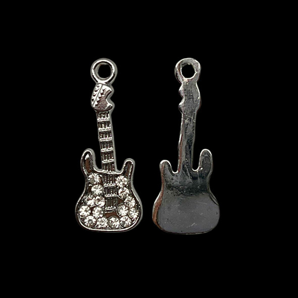 Bling Charm, Rhinestone, Guitar, 12x30mm, Metal Alloy, 4 PCS