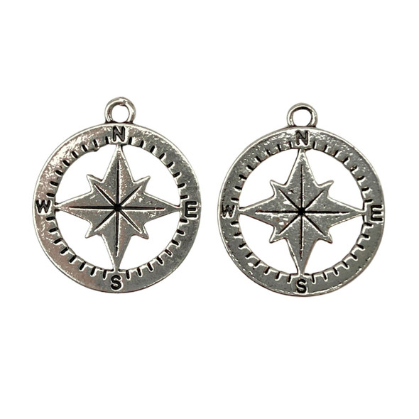 Compass Charm, 25x29mm, Antique Silver Plated Metal Alloy, 3 PCS