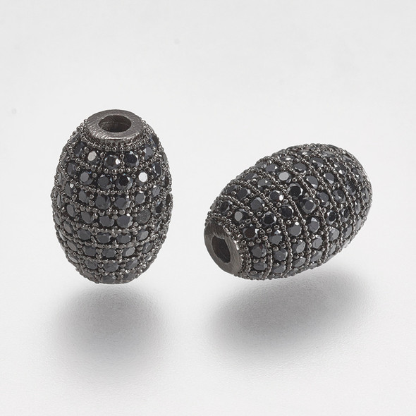 Bead, Cubic Zirconia, Oval, 12x8mm, Gunmetal Plated Brass, 1 piece