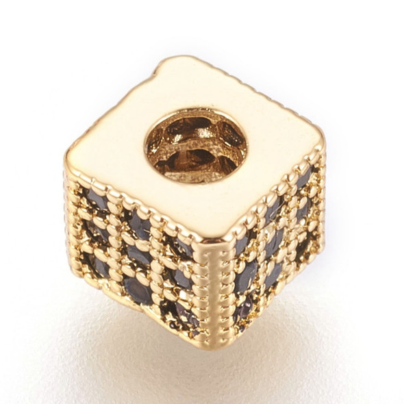 Bead, Cubic Zirconia, Cube, 5x5mm, 2.5mm Hole, 18K Gold Plated Brass, 1 piece