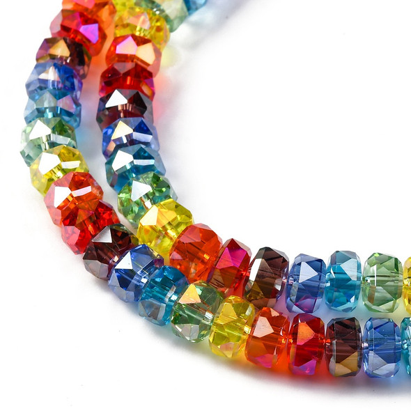 Faceted Rondelle, Glass, Rainbow, 7x4.5mm, One 12in Strand