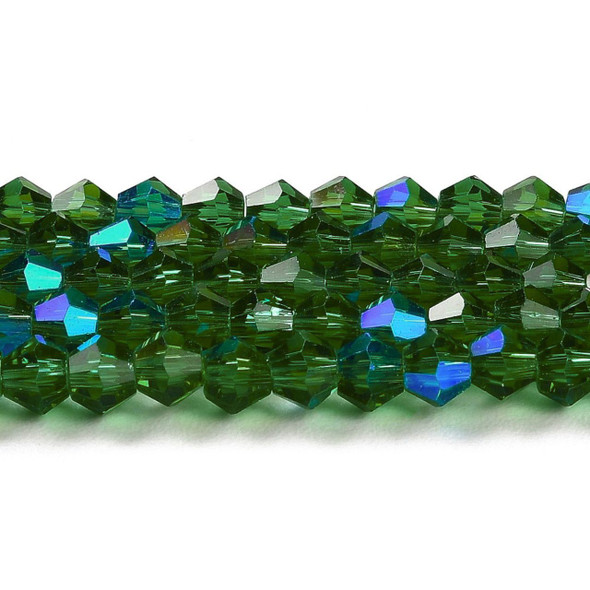 Faceted Bicone, Glass, Dark Green AB, 6mm, One 10in Strand