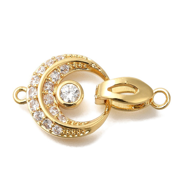 Fold Over Clasp, Moon, 26mm, Brass, 18K Gold Plated, Cubic Zirconia, 1 Set
