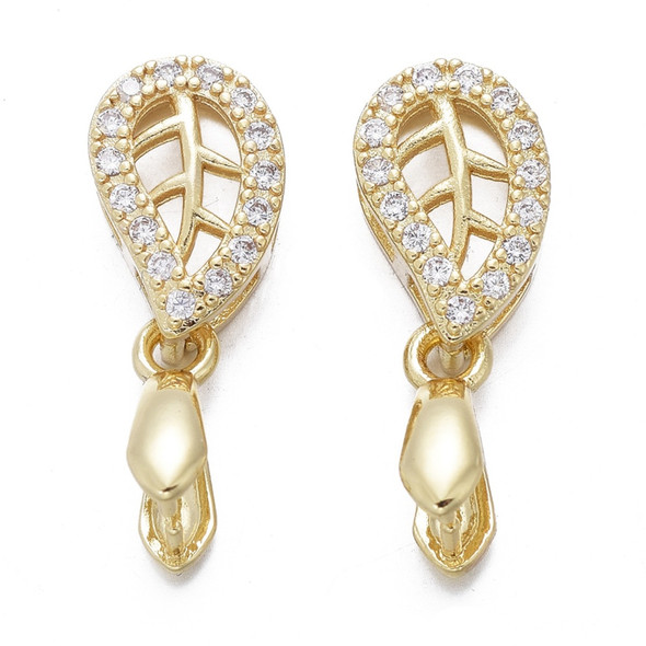 Pinch Bail, Leaf, 20x8x5mm, Brass, 18K Gold Plated, Cubic Zirconia, 2 PCS