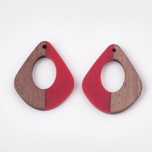 Wood & Resin, Pendant, Teardrop, Red, 32x28mm, 2 PCS