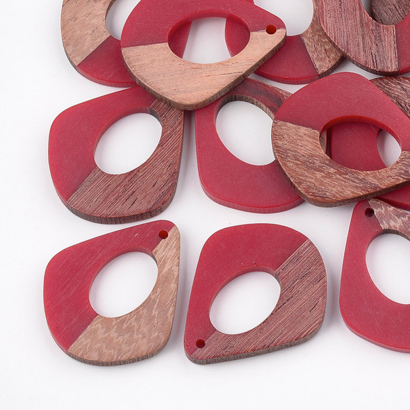 Wood & Resin, Pendant, Teardrop, Red, 32x28mm, 2 PCS