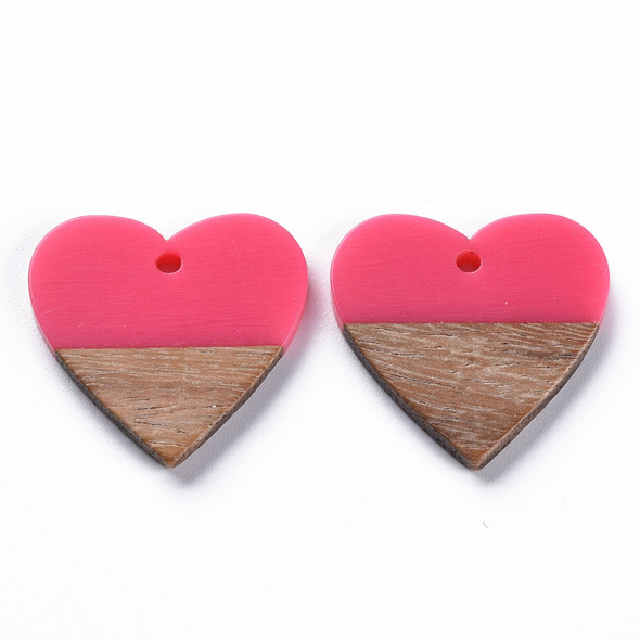 Wood & Resin, Pendant, Heart, Pink, 24x25mm, 2 PCS