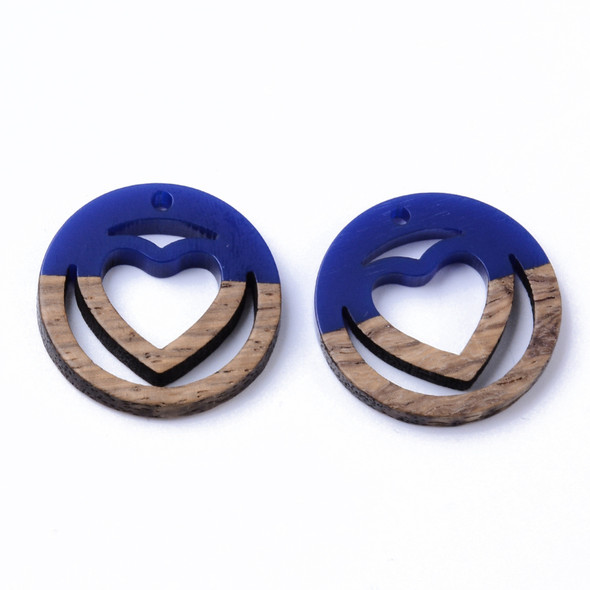 Wood & Resin, Pendant, Heart, Dark Blue, 25mm, 2 PCS