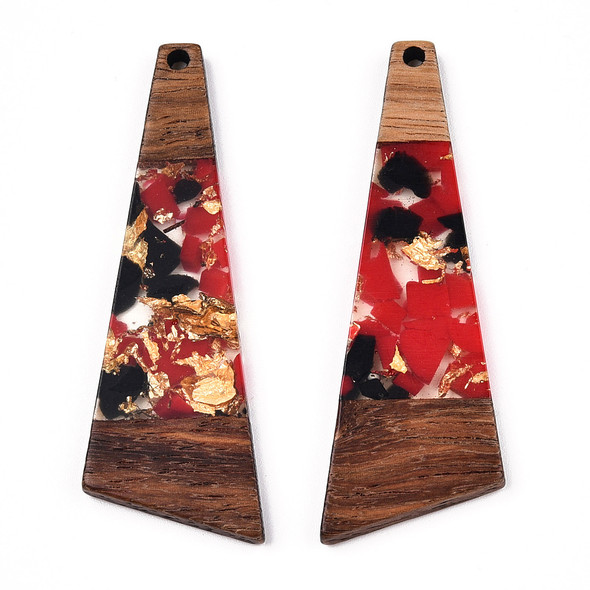 Wood & Resin, Pendant, Trapezoid, Red & Black, Gold Foil, 58x20mm, 2 PCS