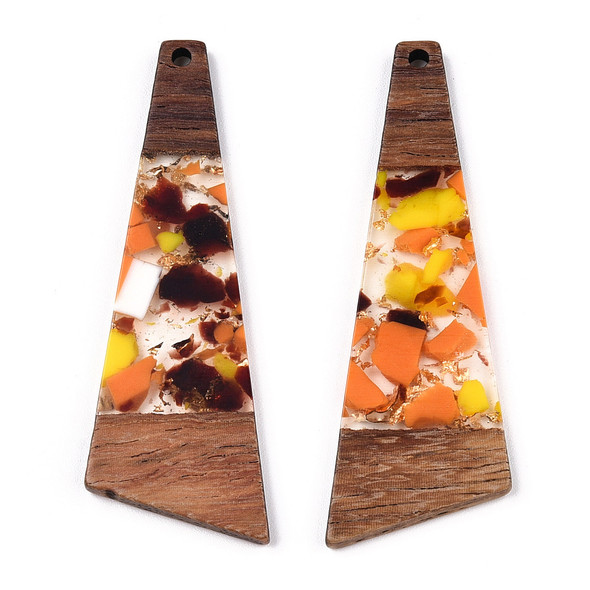 Wood & Resin, Pendant, Trapezoid, Orange & Yellow, Gold Foil, 58x20mm, 2 PCS