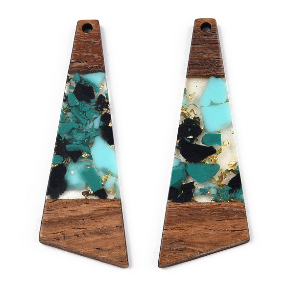 Wood & Resin, Pendant, Trapezoid, Turquoise & Black, Gold Foil, 58x20mm, 2 PCS