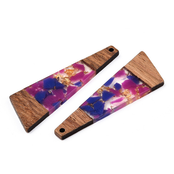 Wood & Resin, Pendant, Trapezoid, Pink & Purple, Gold Foil, 58x20mm, 2 PCS