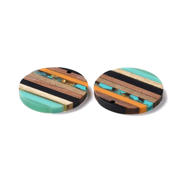 Wood & Resin, Pendant, Round, Turquoise & Orange, 30mm, 2 PCS