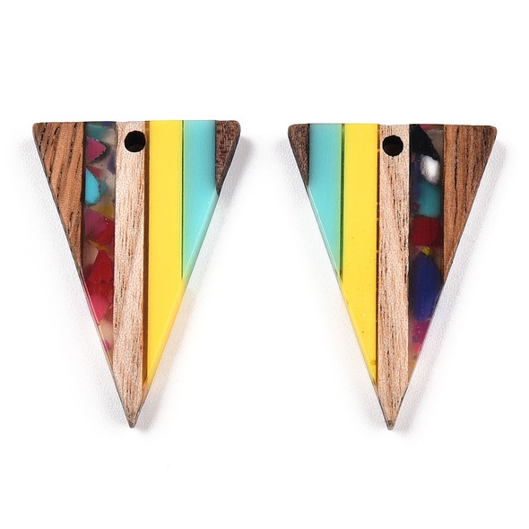 Wood & Resin, Pendant, Triangle, Turquoise & Yellow, 33x22mm, 2 PCS