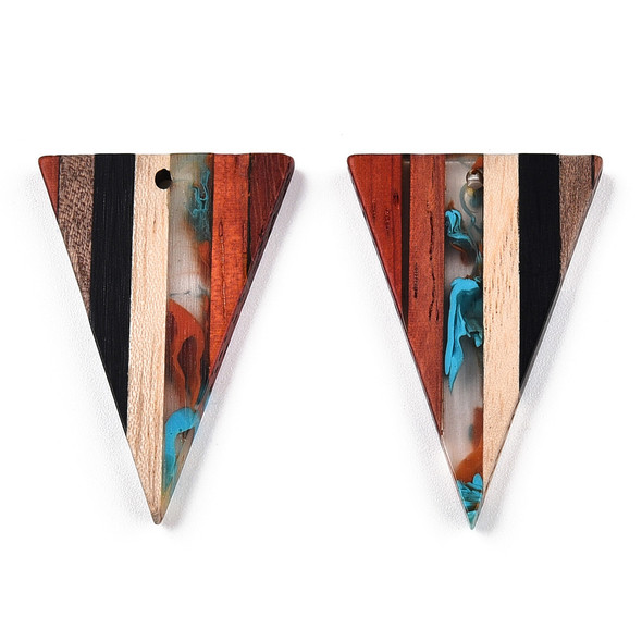Wood & Resin, Pendant, Triangle, Turquoise & Black, 33x22mm, 2 PCS
