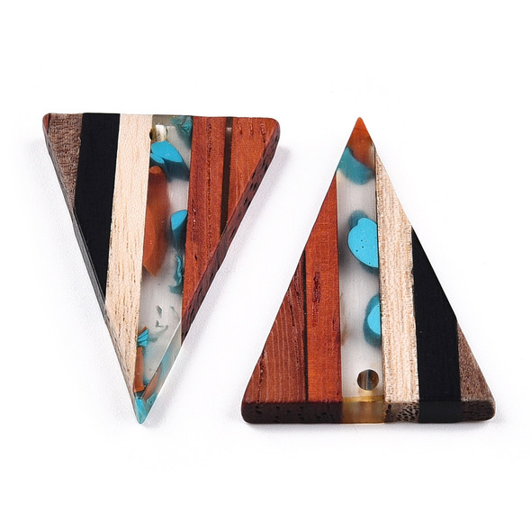 Wood & Resin, Pendant, Triangle, Turquoise & Black, 33x22mm, 2 PCS