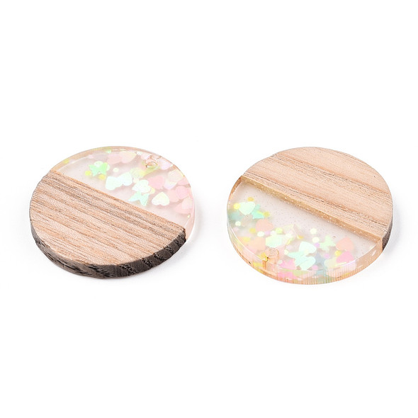 Wood & Resin, Pendant, Round, Pink Confetti, 28mm, 2 PCS