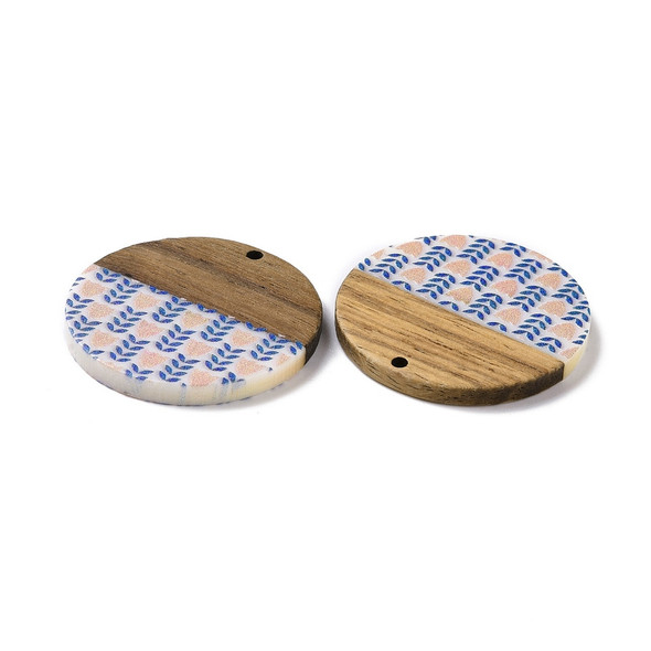 Wood & Resin, Pendant, Round, Flower Pattern, 35mm, 2 PCS