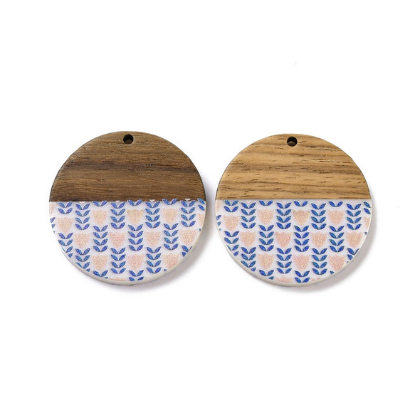 Wood & Resin, Pendant, Round, Flower Pattern, 35mm, 2 PCS