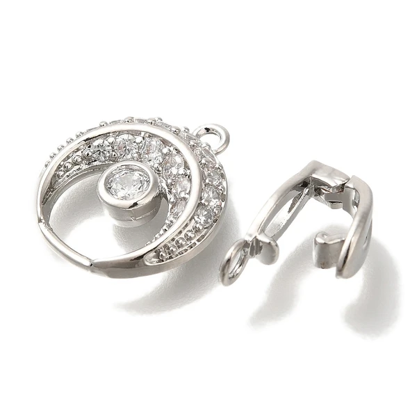 Fold Over Clasp, Moon, 26x15mm, Brass, Platinum Plated, Cubic Zirconia, 1 Set