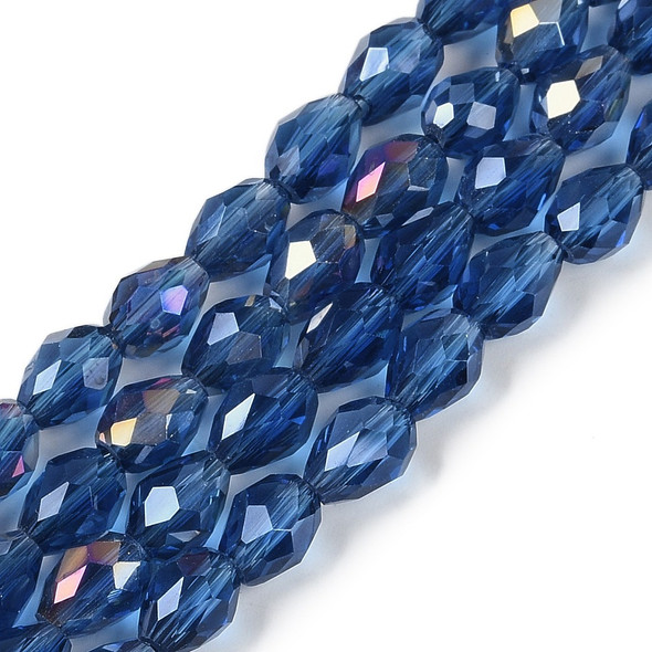 Faceted Drop, Glass, Navy Blue AB, 8x6mm, One 20in Strand