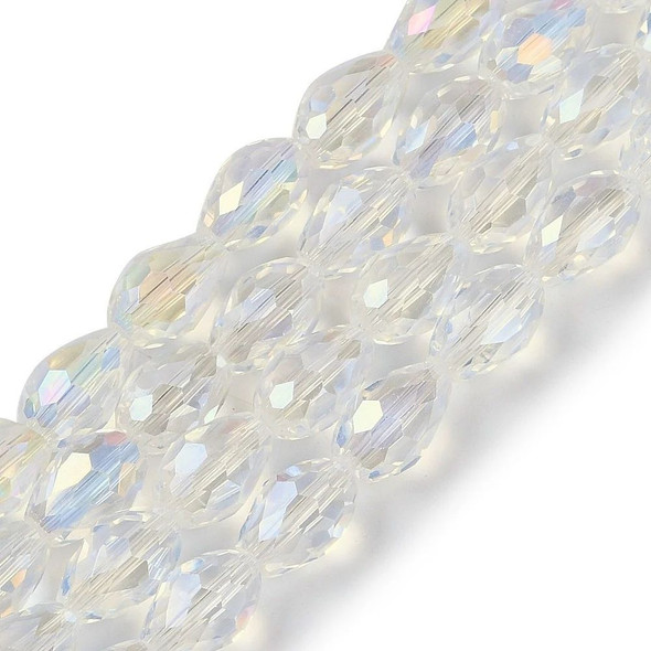 Faceted Drop, Glass, Clear AB, 8x6mm, One 20in Strand