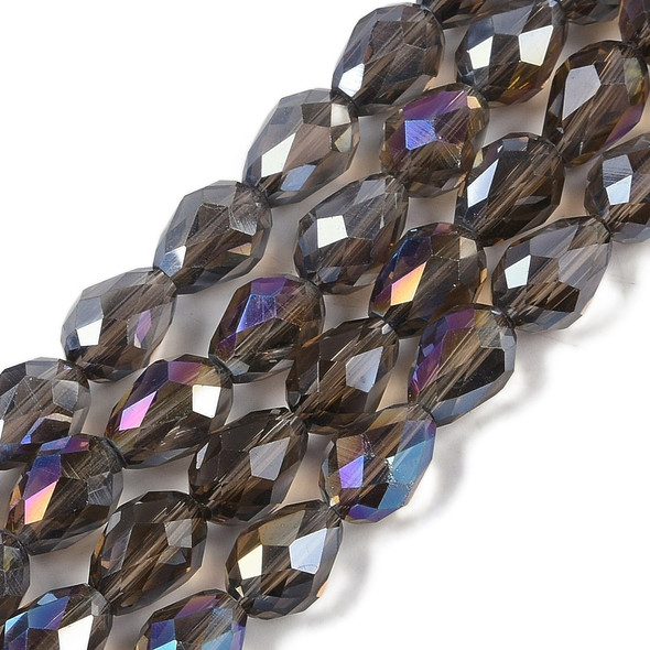 Faceted Drop, Glass, Smoke Grey AB, 8x6mm, One 20in Strand