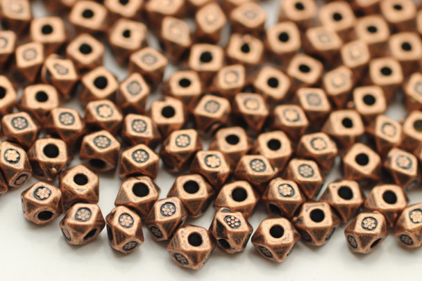 Bead, Hex with Design, 3x4mm, Antique Copper Plated Metal Alloy, approx. 190 PCS
