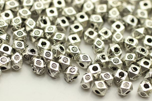 Bead, Hex with Design, 3x4mm,  Antique Silver Plated Metal Alloy, approx. 190 PCS