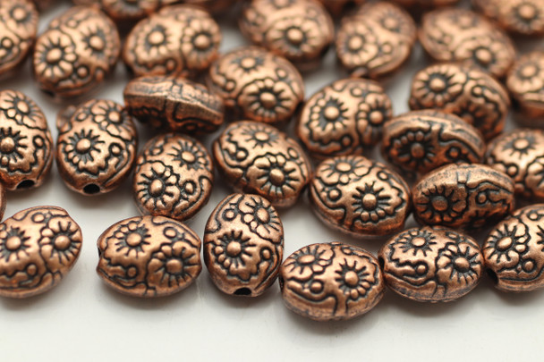 BEAD, Oval Floral, 8x6x4mm, Antique Copper Plated (metal alloy), approx 45 per bag
