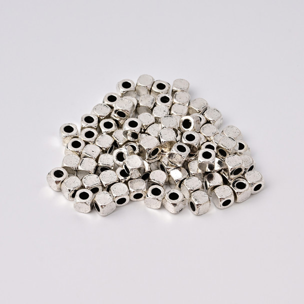 Spacer Bead, Cut Corner Cube, 4mm, Antique Silver Plated Metal Alloy, approx. 80 PCS