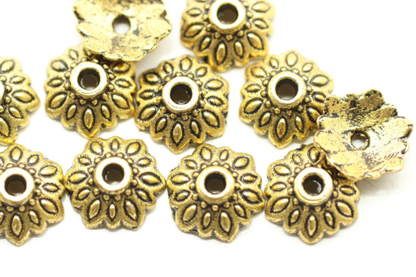 Cap, Scallop Edge with Design, 9x3mm, Antique Gold Plated (metal alloy), approx 70 per bag