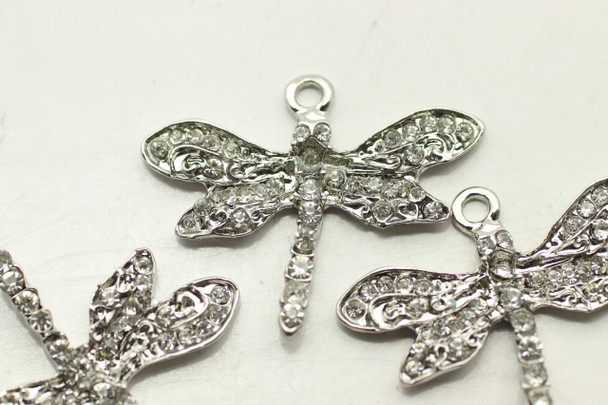 Dragonfly, Rhinestone, 24x30x3mm, Antique Silver Plated Metal Alloy, 3 PCS