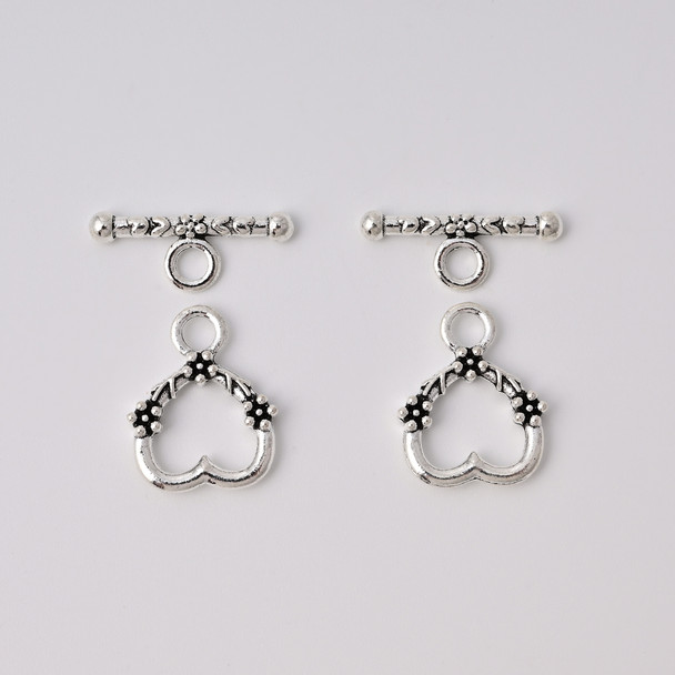 Toggle, Heart & Flower, 18x13mm, 20mm bar, Antique Silver Plated Metal Alloy, approx. 10 sets