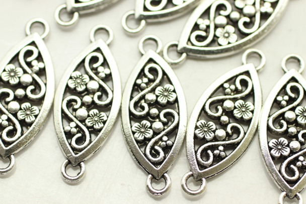 CONNECTOR, Ornate Oval, Double Sided, 27x10x2.5mm, Antique Silver Plated (metal alloy), approx 18 per bag