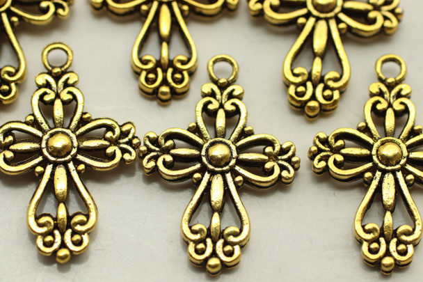 CROSS, Filigree, Double Sided, 28x20x4mm, Antique Gold Plated (metal alloy), approx 10 per bag