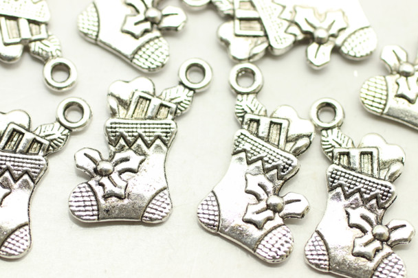 Stocking with Gifts, Double Sided, 22x12x2mm, Antique Silver Plated (Metal Alloy), approx 20 per bag
